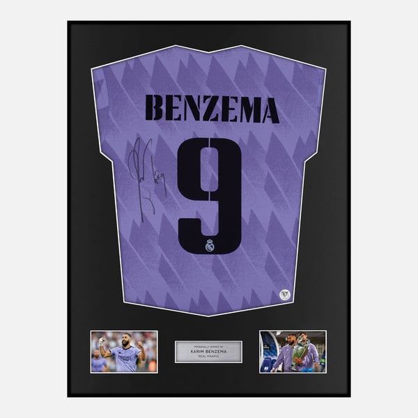 Framed Benzema Signed Real Madrid Shirt Purple Away 2022-23 [Classic]