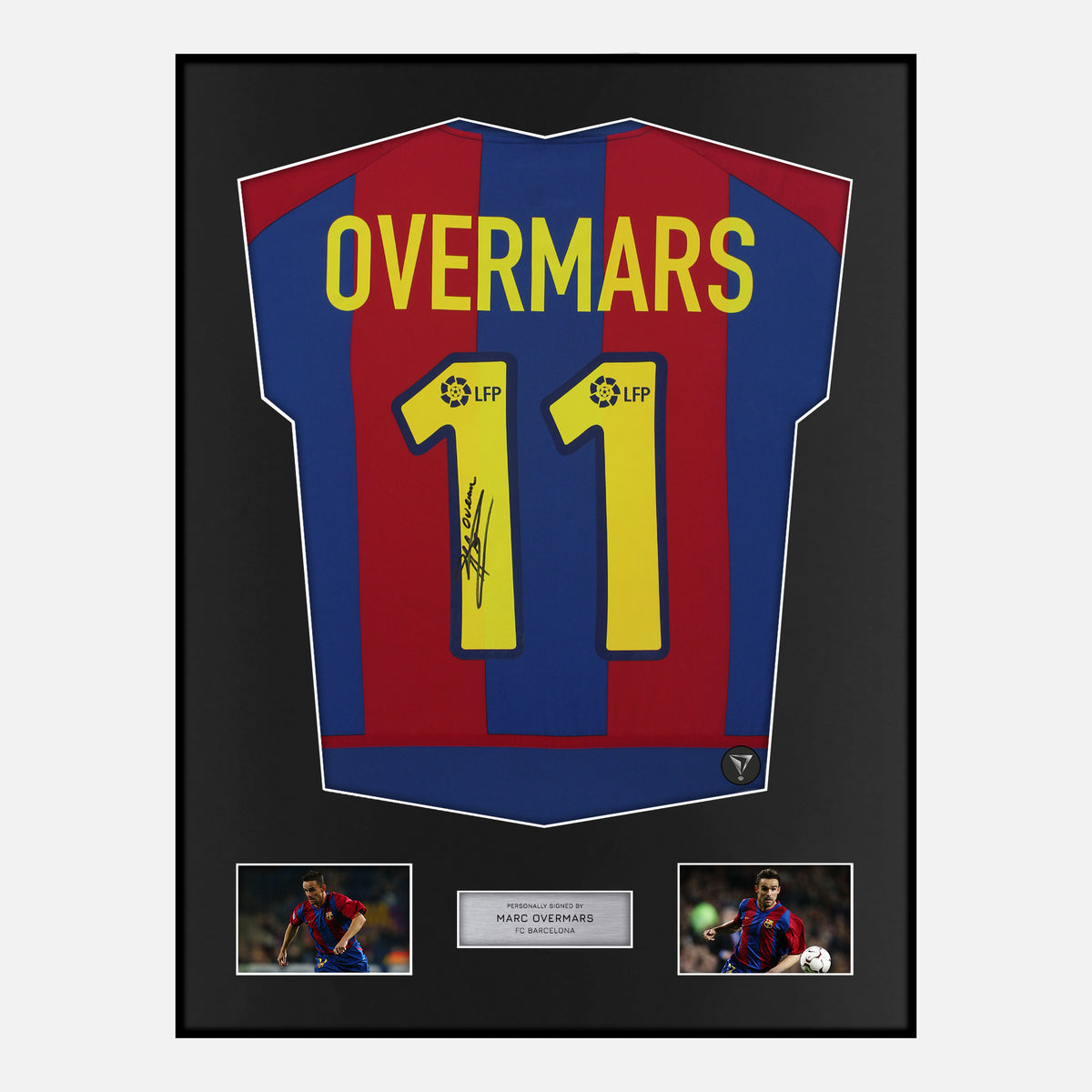 Framed Marc Overmars Signed Barcelona Shirt Home 2002-03 [Classic] — Classic framed Barcelona shirt signed by Marc Overmars | The Vault