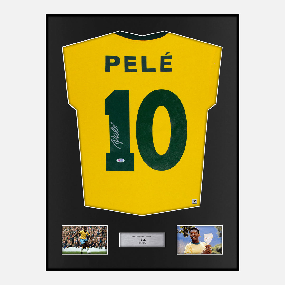 Framed Pele Signed Brazil Shirt 10 World Cup 1970 [Classic] — Classic framed Brazil shirt signed by Pele | The Vault