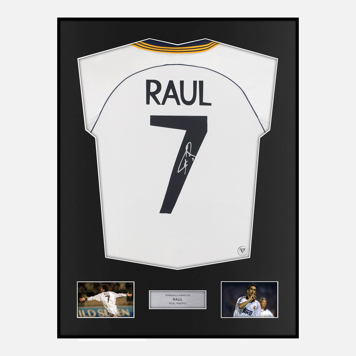 Framed Raul Signed Real Madrid Shirt 1999-00 Home [Classic] — Classic framed Real Madrid shirt signed by Raúl González | The Vault