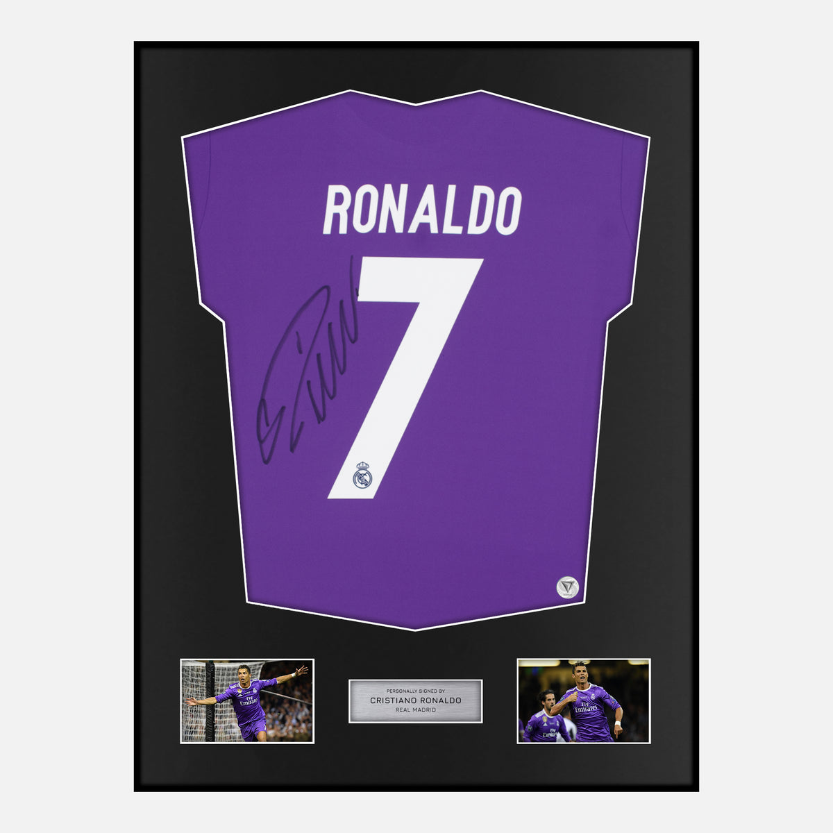 Framed Cristiano Ronaldo Signed Real Madrid Shirt Purple Away 2017 [Classic] — Verified autograph with NFC and certificate | The Vault