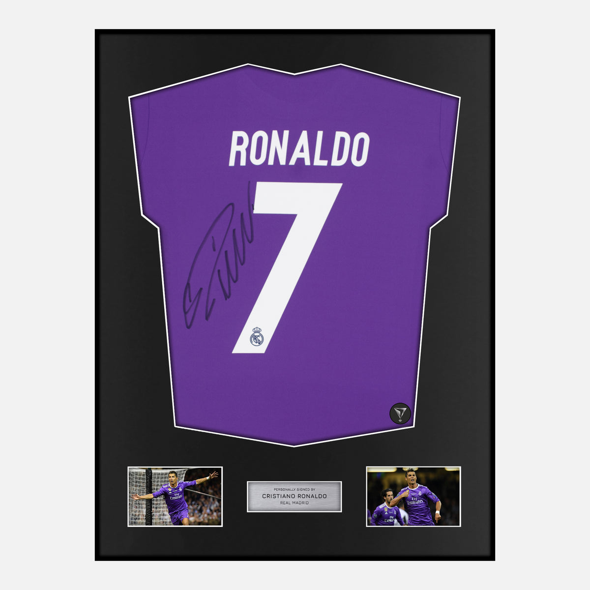 Framed Cristiano Ronaldo Signed Real Madrid Shirt Purple 2016-17 [Classic] — Classic framed Real Madrid shirt signed by Cristiano Ronaldo | The Vault