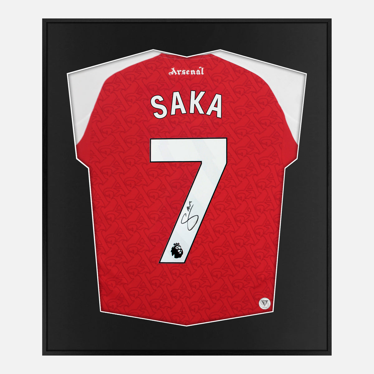Framed Saka Signed Arsenal Shirt, Red Home 7 [Lite] — Lite framed Arsenal shirt signed by Bukayo Saka | The Vault