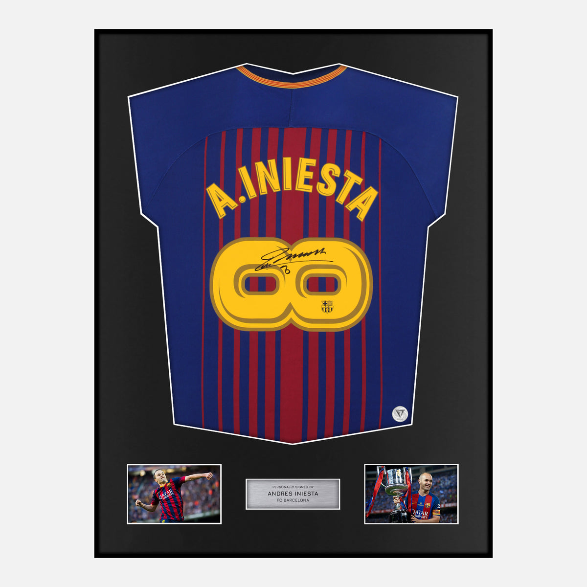 Framed Andrés Iniesta Signed Barcelona Shirt Infinity 8 [Classic] — Classic framed Barcelona shirt signed by Andrés Iniesta | The Vault