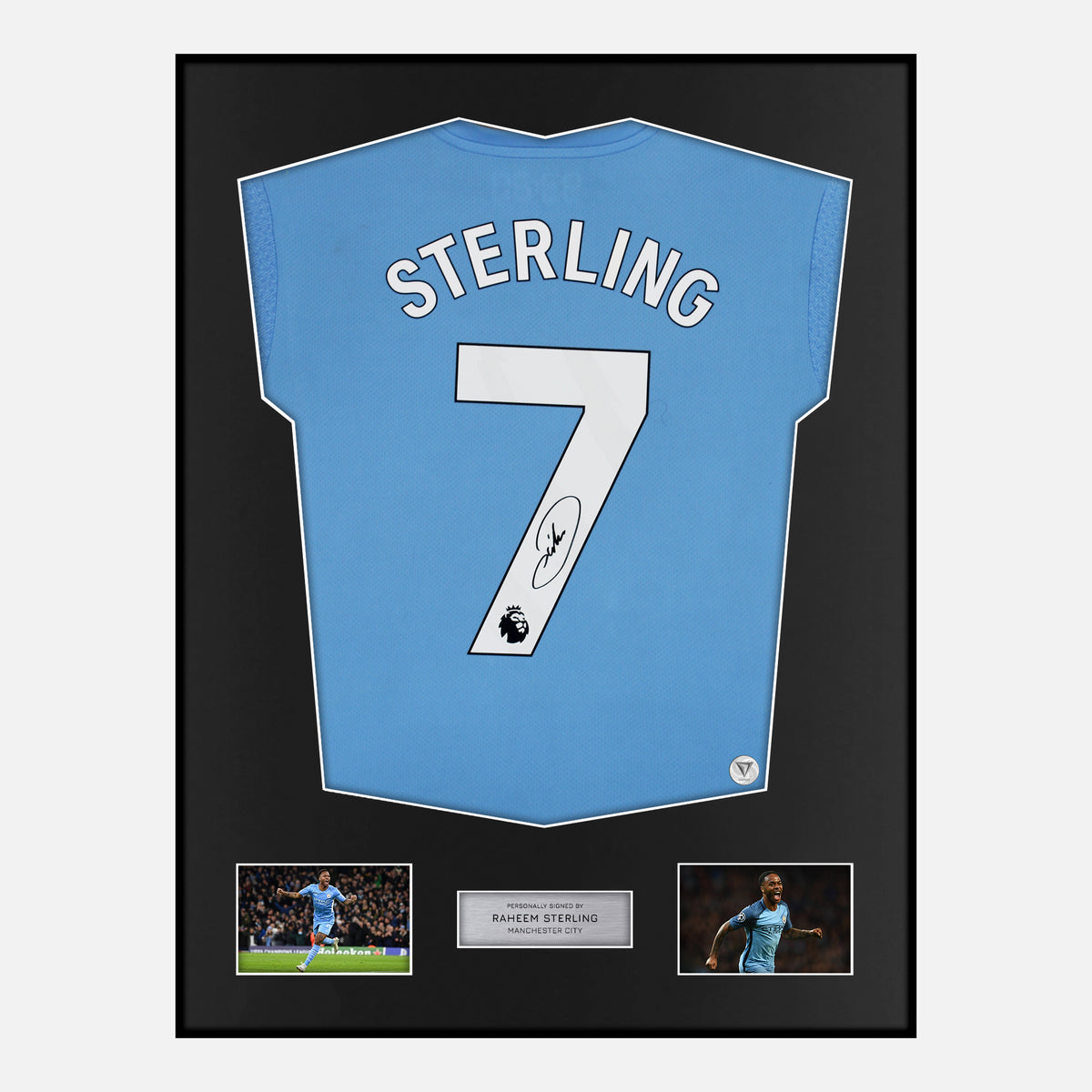 Framed Raheem Sterling Signed Manchester City Shirt 2021-22 Home [Classic] — Verified autograph with NFC and certificate | The Vault