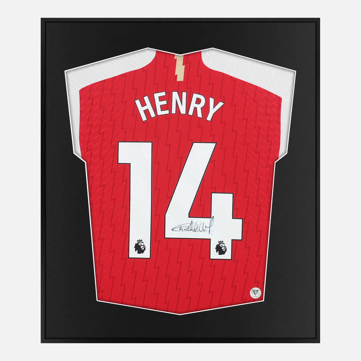 Framed Henry Signed Shirt, 14, Arsenal Home [Lite] — Lite framed Arsenal shirt signed by Thierry Henry | The Vault