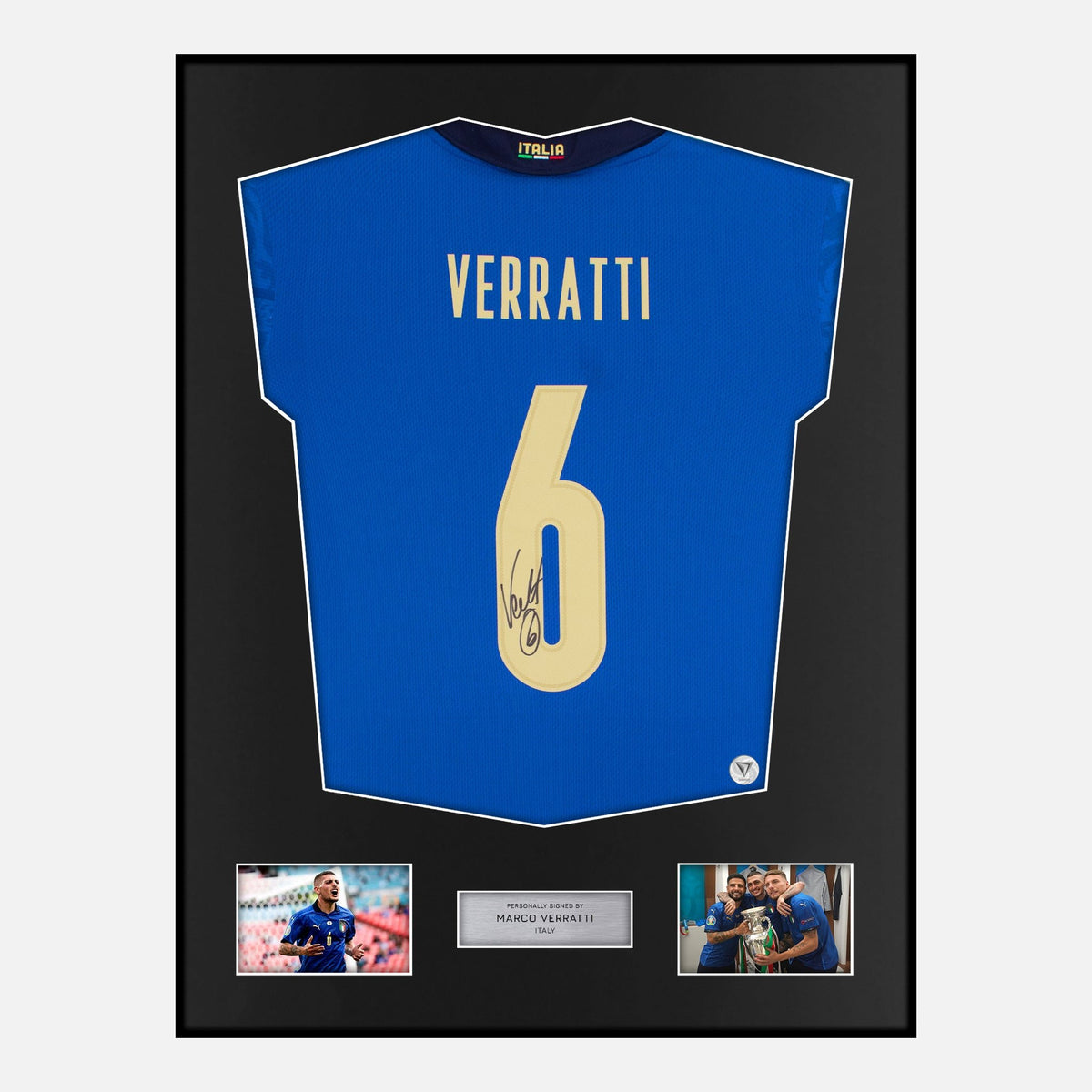 Framed Marco Verratti Signed Italy Shirt Euro 2020 Winners [Classic] — Verified autograph with NFC and certificate | The Vault