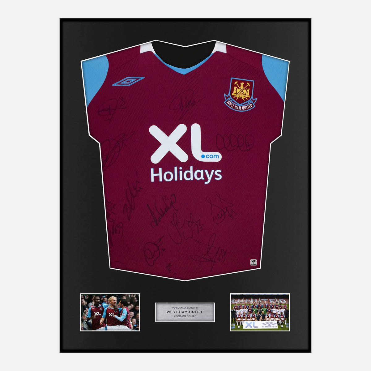 Framed Squad Signed West Ham United Shirt 2008-09 Home [Classic] — Verified autograph with NFC and certificate | The Vault