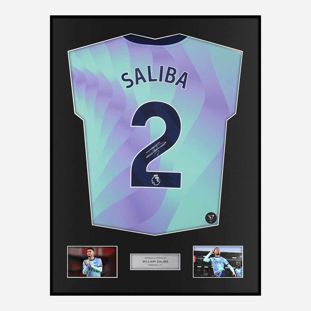 Framed William Saliba Signed Arsenal Shirt 2024-25 Third away [Classic] — Classic framed Arsenal shirt signed by William Saliba | The Vault