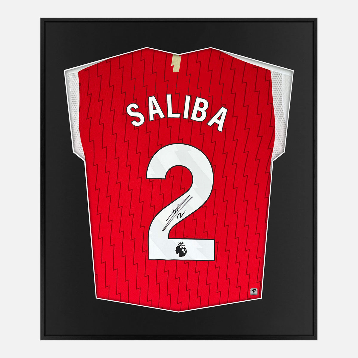 Framed Saliba Signed Arsenal Shirt, Red Home New [Lite] — Authentic signature with NFC and COA | The Vault