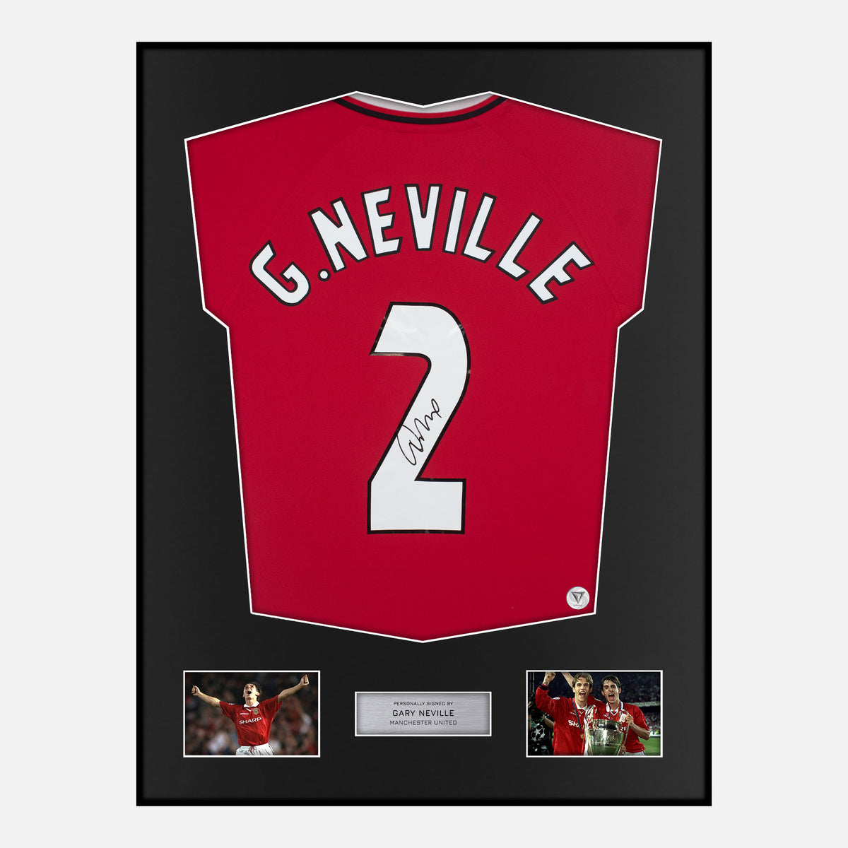 Framed Gary Neville Signed Manchester United Shirt 1999 Treble [Classic] — Verified autograph with NFC and certificate | The Vault