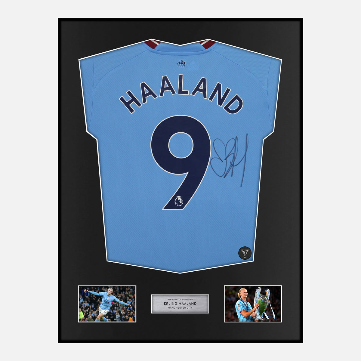 Framed Haaland Signed Manchester City Shirt 2022-23 Treble [Classic] — Classic framed Manchester City shirt signed by Erling Haaland | The Vault