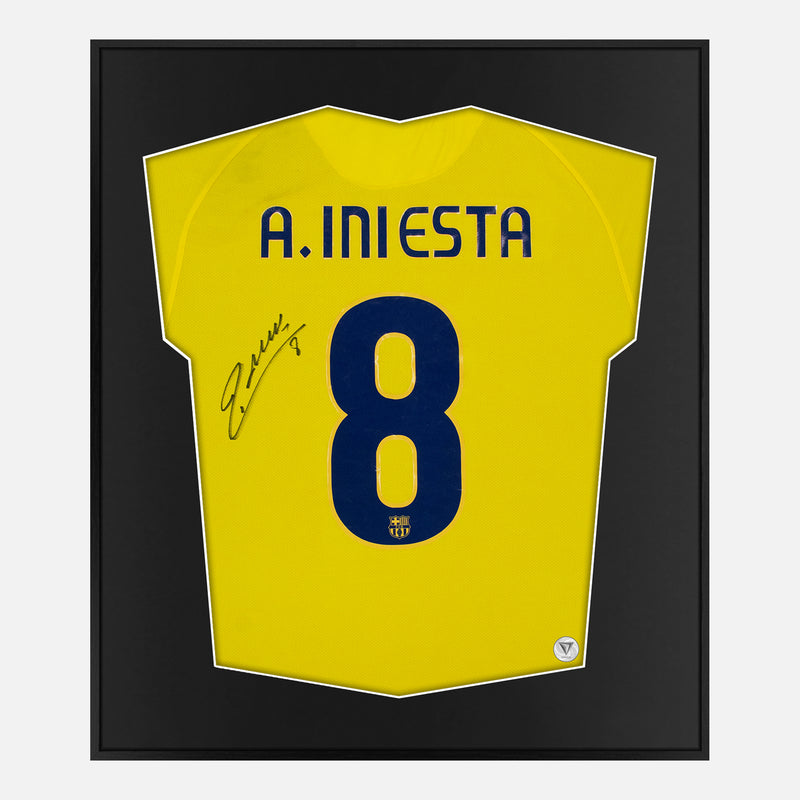 Framed Iniesta Signed Shirt, Barcelona Away Yellow 2009 [Mini]