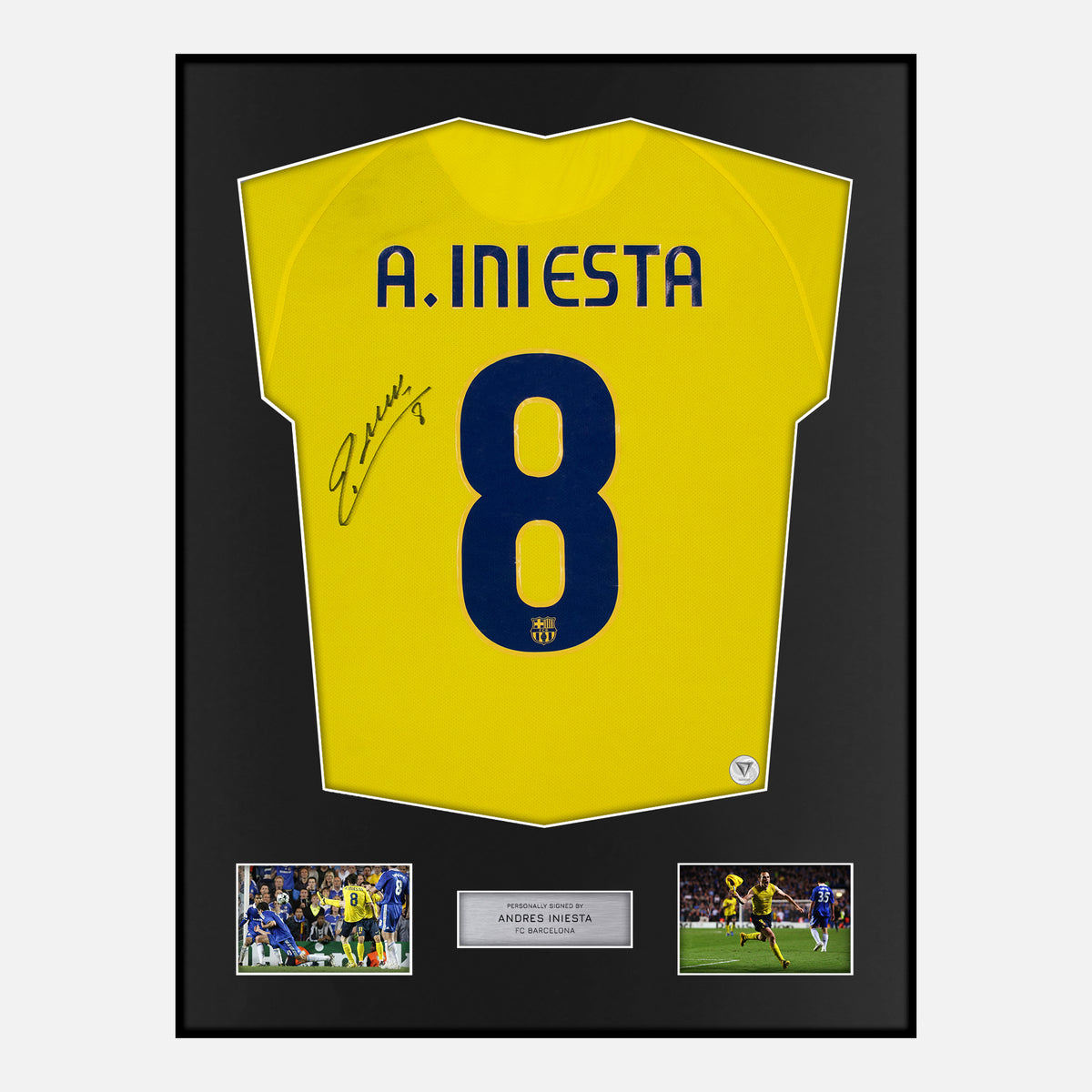Framed Andrés Iniesta Signed Barcelona Shirt 2008-09 Away [Classic] — Verified autograph with NFC and certificate | The Vault