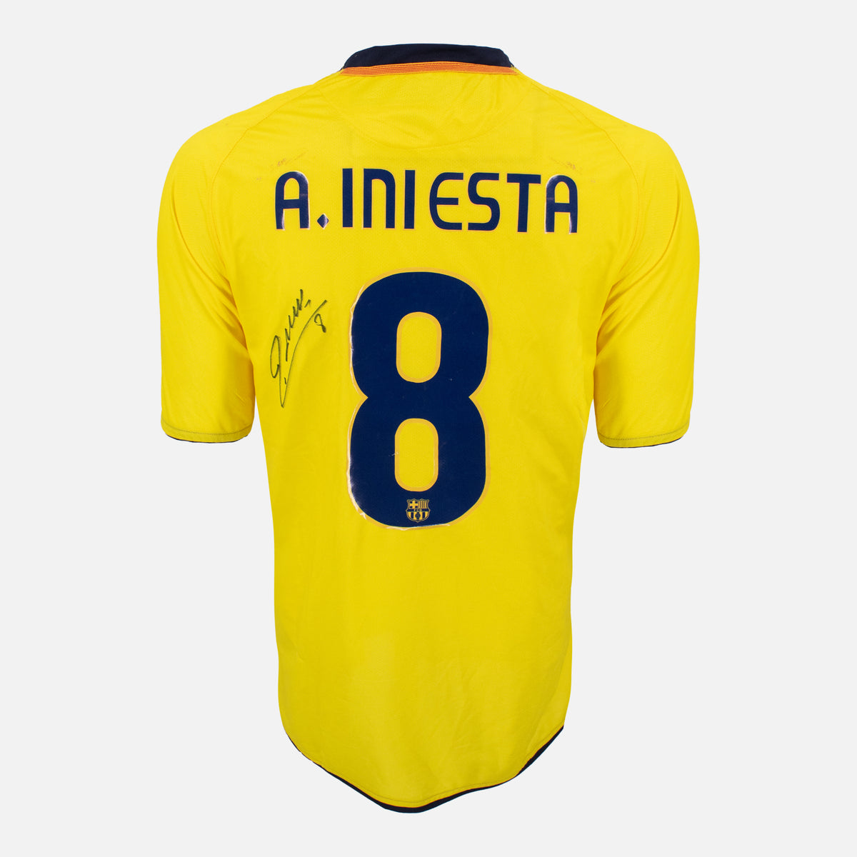 Andres Iniesta Signed Barcelona Shirt 2008-09 Away Yellow [8] — Barcelona signed shirt from the 2008 to 2009 season | The Vault