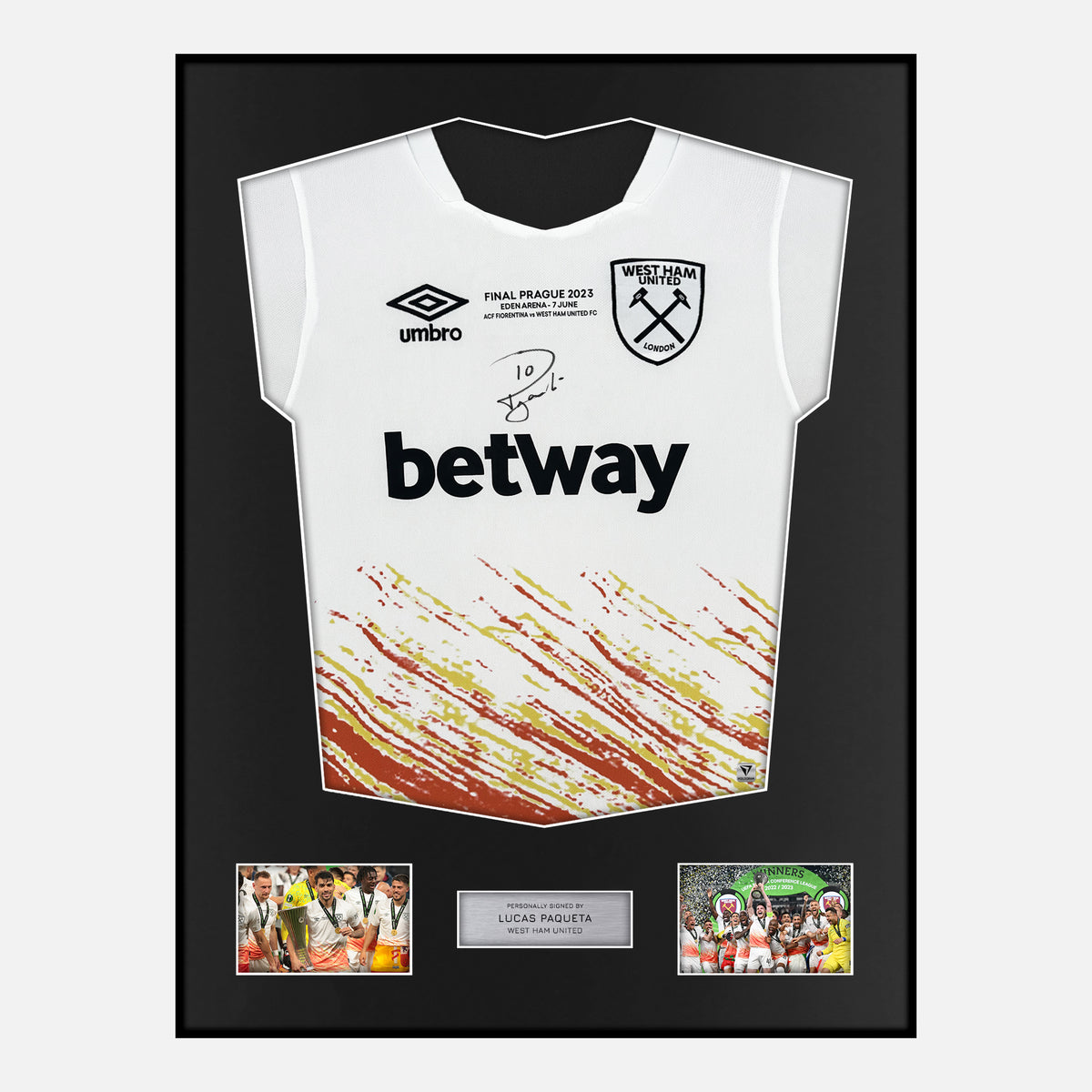 Framed Lucas Paqueta Signed West Ham Shirt 2023 Conference Final [Classic] — Classic framed West Ham United shirt signed by Lucas Paquetá | The Vault