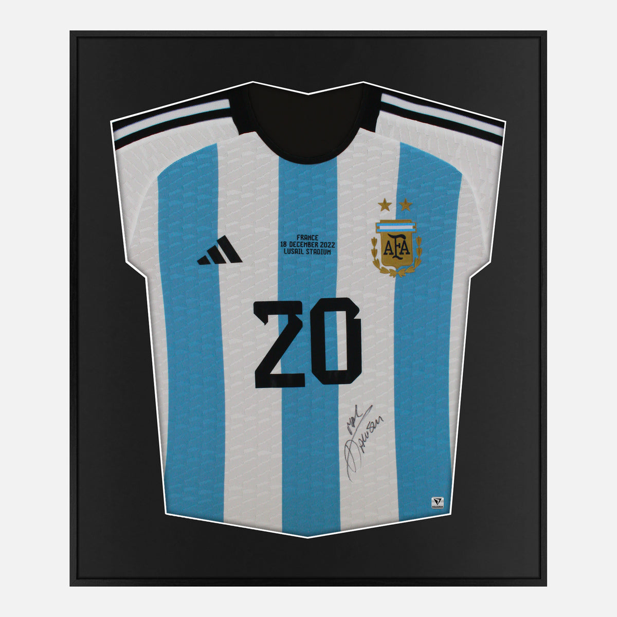 Framed Mac Allister Signed Argentina Shirt 2022 World Cup Winners [Lite] — Lite framed Argentina shirt signed by Alexis Mac Allister | The Vault