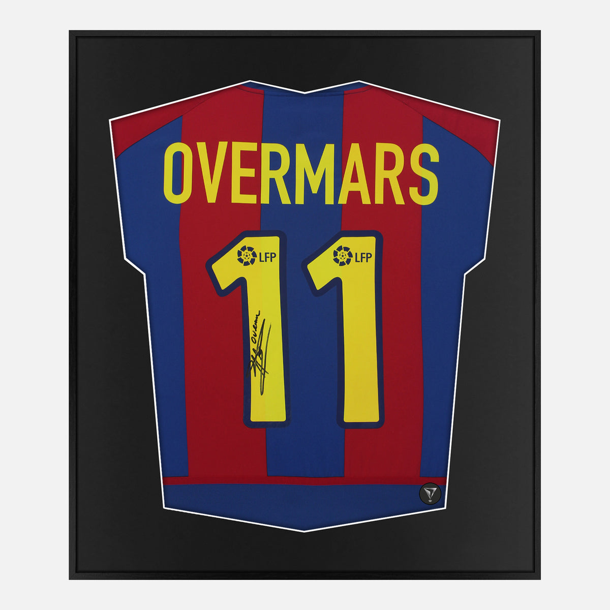 Framed Overmars Signed Shirt, Barcelona Home [Lite] — Lite framed Barcelona shirt signed by Marc Overmars | The Vault