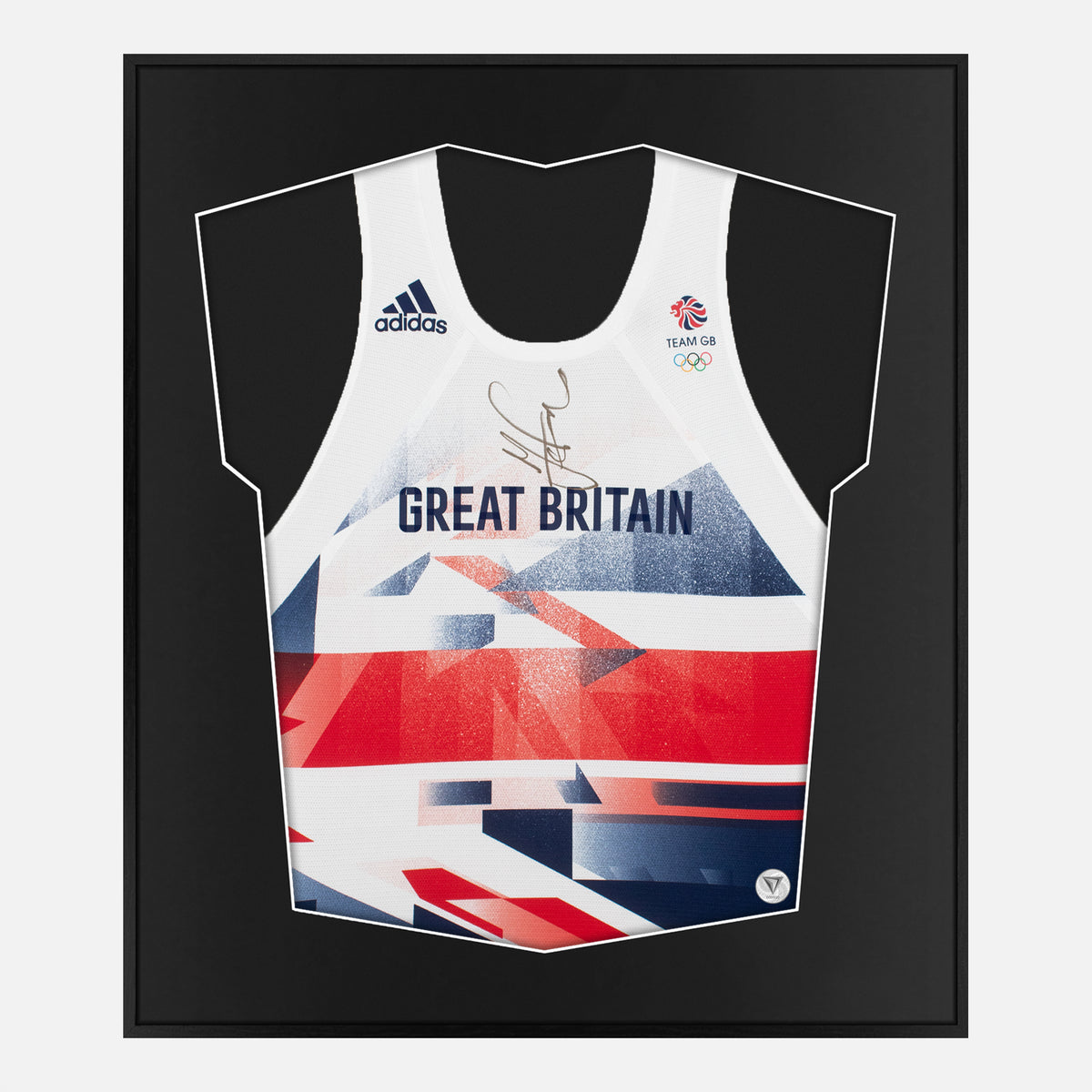 Framed Sir Mo Farah Signed Vest, Gold Autograph Olympics [Lite] — Authentic signature with NFC and COA | The Vault