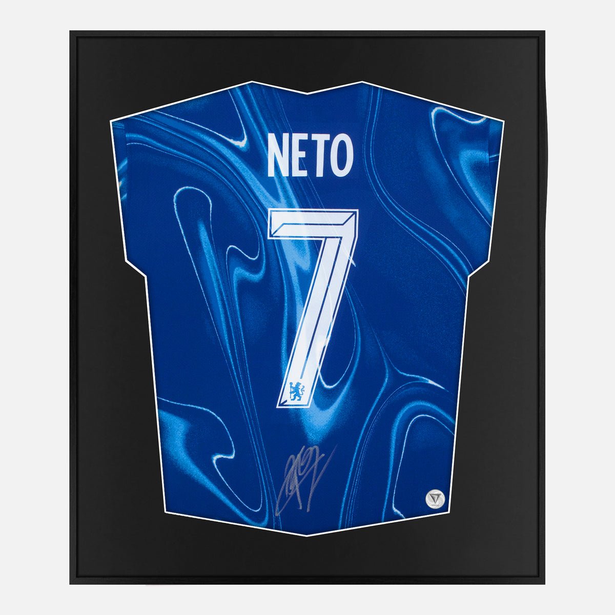 Framed Neto Signed Shirt, Blue Chelsea, Number 7 [Lite] — Authentic signature with NFC and COA | The Vault