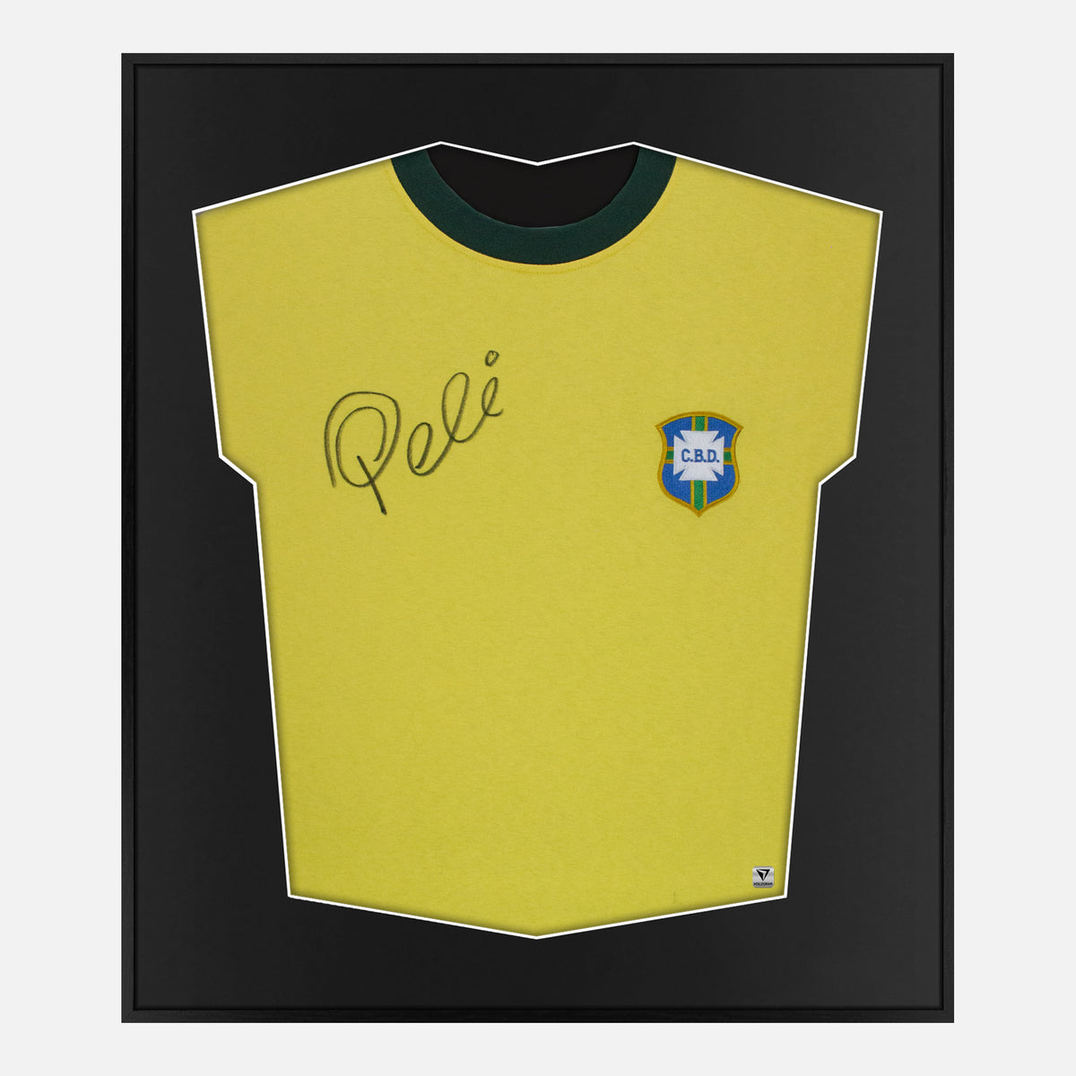 Framed Pele Signed Shirt, Rare Brazil Yellow Home [Lite] — Lite framed Brazil shirt signed by Pele | The Vault