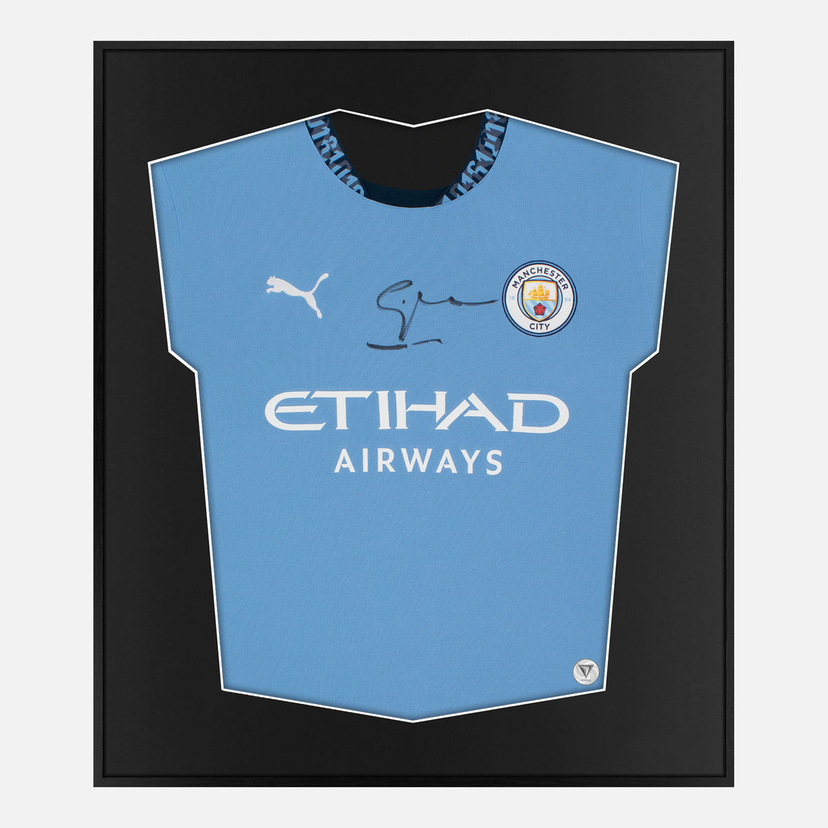 Framed Guardiola Signed Manchester City Shirt, Front Autograph [Lite] — Authentic signature with NFC and COA | The Vault