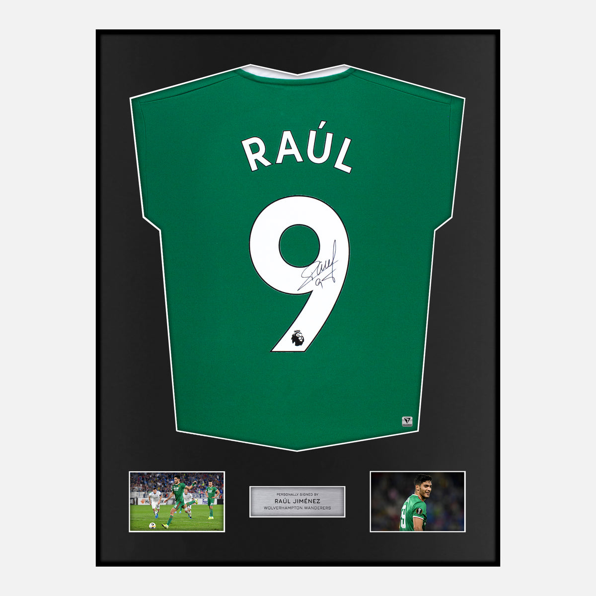 Framed Raul Jimenez Signed Wolves Shirt 2019-20 Third Green [Classic] — Verified autograph with NFC and certificate | The Vault