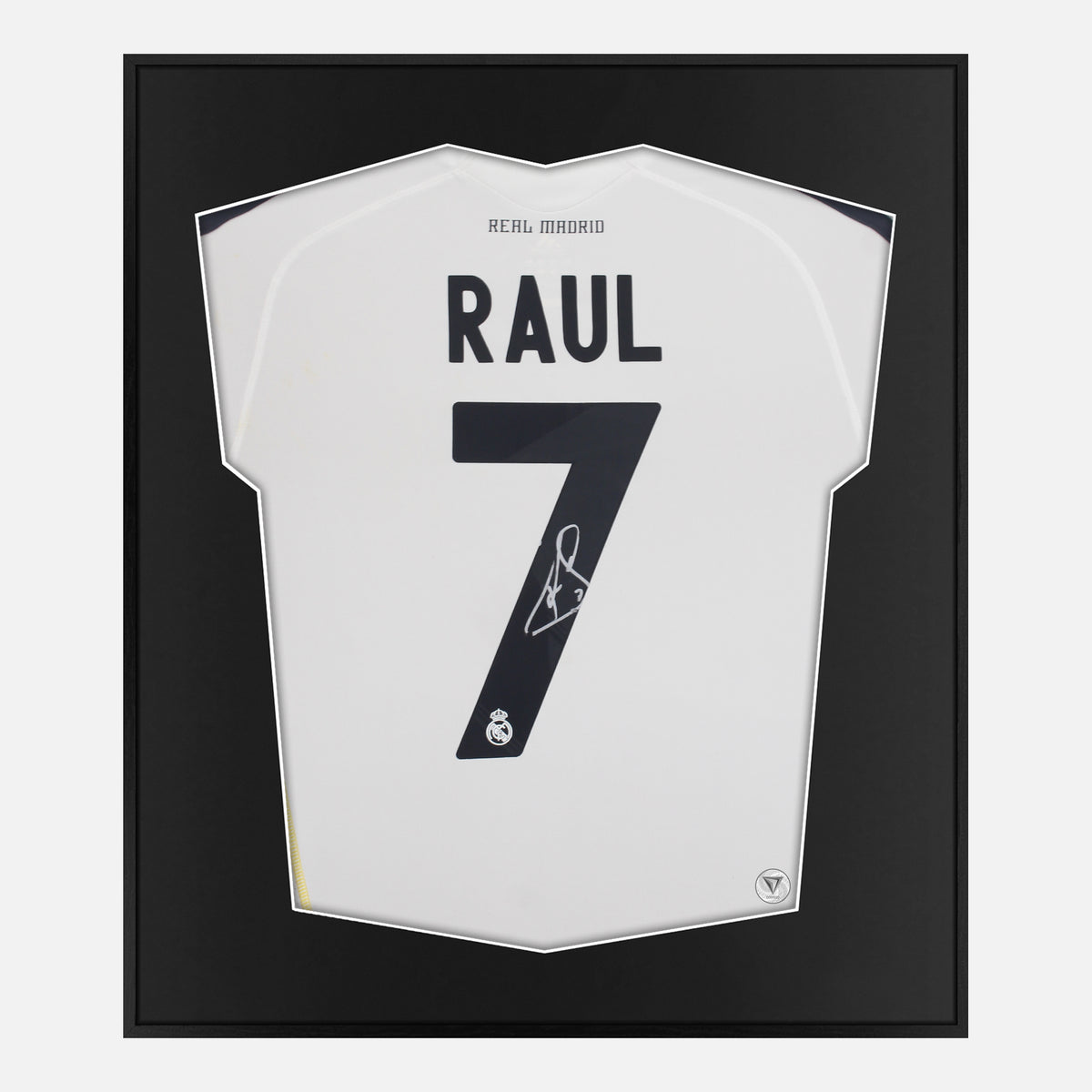 Framed Raúl Signed Shirt, Real Madrid 7 Home [Lite] — Lite framed Real Madrid shirt signed by Raúl González | The Vault