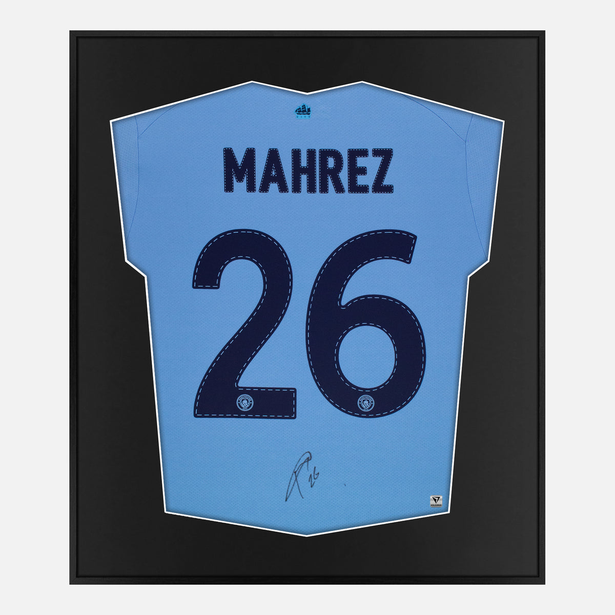Framed Mahrez Signed Manchester City Shirt, Blue, 26 [Lite] — Authentic signature with NFC and COA | The Vault