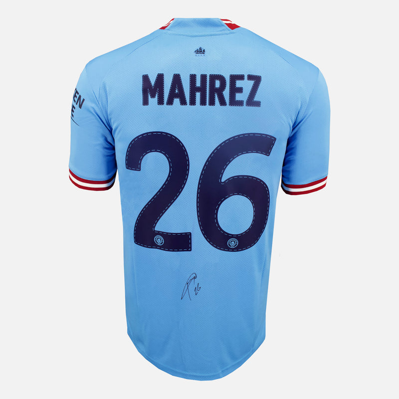 Framed Riyad Mahrez Signed Manchester City Shirt 2023 Treble [Modern]