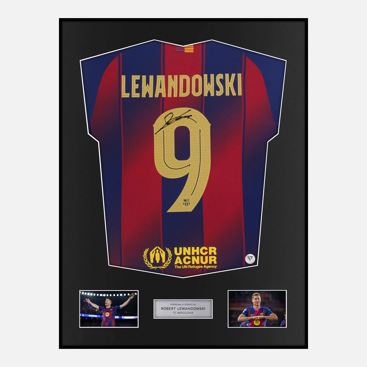 Framed Robert Lewandowski Signed Barcelona Shirt Home [Classic] — Classic framed Barcelona shirt signed by Robert Lewandowski | The Vault