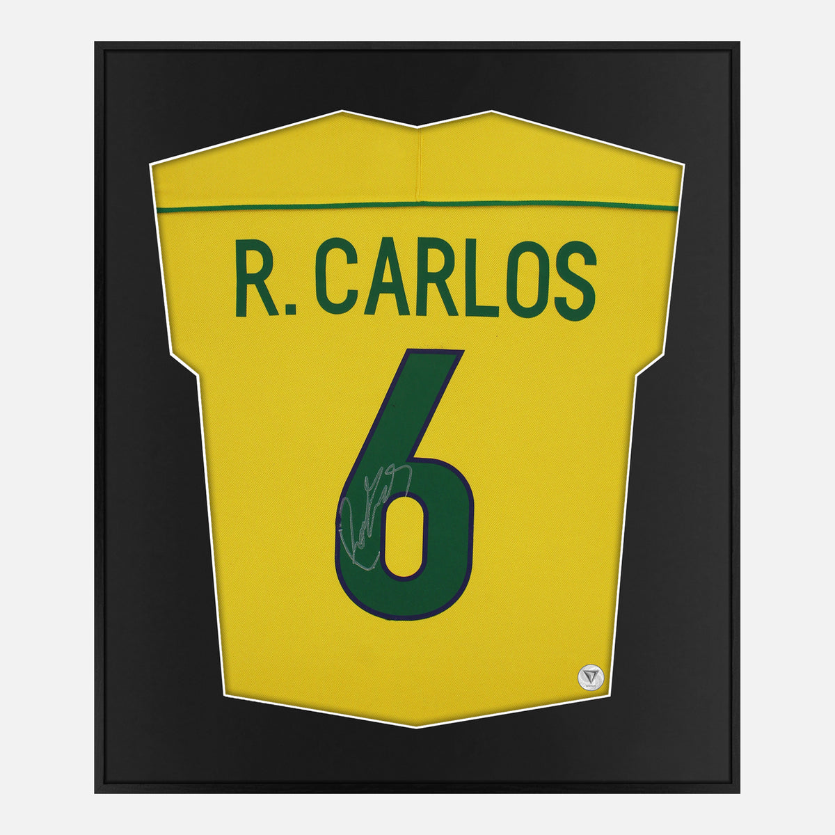 Framed Roberto Carlos Signed Shirt, Original Nike 1998 Brazil Kit [Lite] — Authentic signature with NFC and COA | The Vault