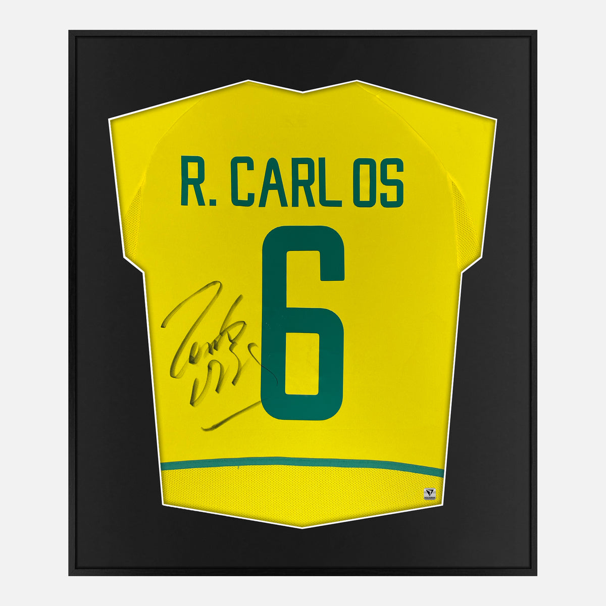 Framed Roberto Carlos Signed Shirt, Brazil World Cup Winners [Lite] — Lite framed Brazil shirt signed by Roberto Carlos | The Vault