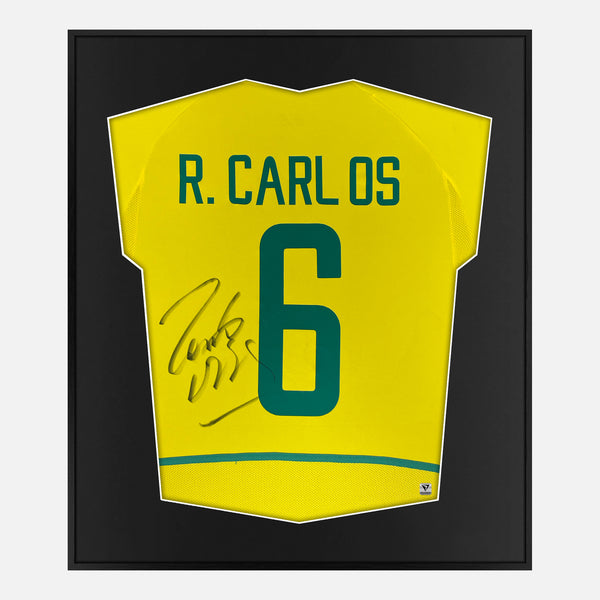 Framed Roberto Carlos Signed Brazil Shirt 2002-04 Home [Mini]