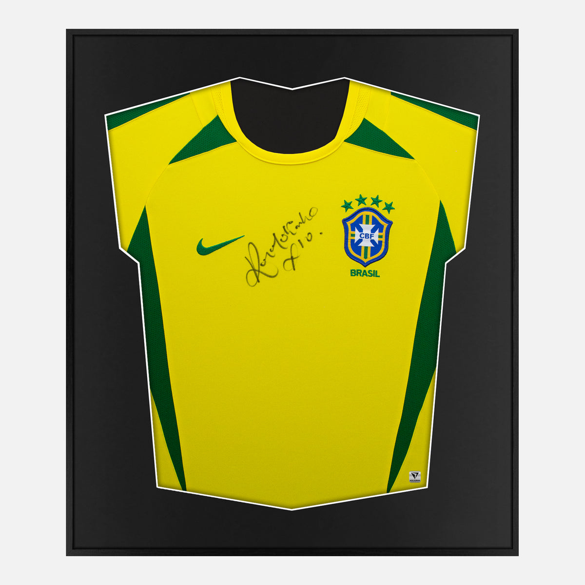 Framed Ronaldinho Signed Shirt, Brazil, Rare & Original [Lite] — Lite framed Brazil shirt signed by Ronaldinho | The Vault