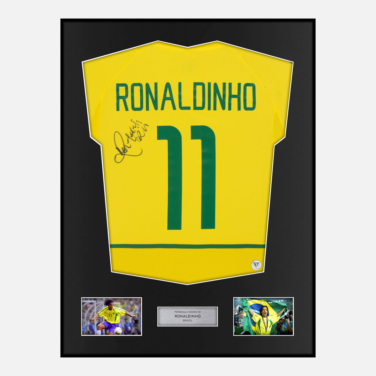 Framed Ronaldinho Signed Brazil Shirt 2002 Home 11 [Classic] — Classic framed Brazil shirt signed by Ronaldinho | The Vault