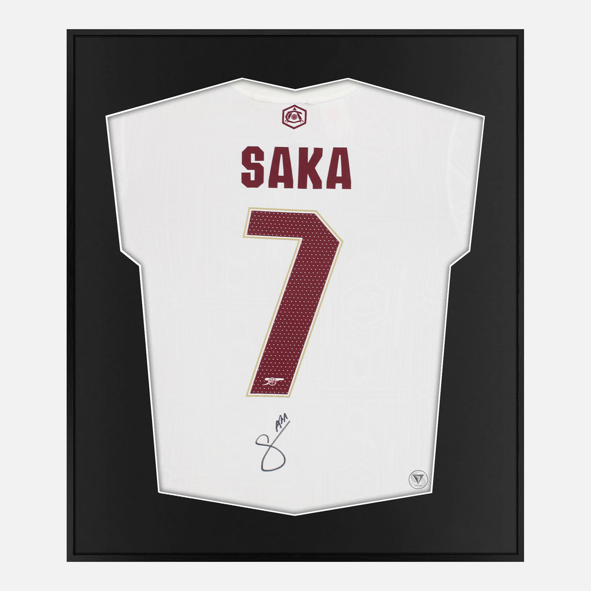 Framed Saka Signed Arsenal Shirt, White Adidas third away [Lite] — Lite framed Arsenal shirt signed by Bukayo Saka | The Vault