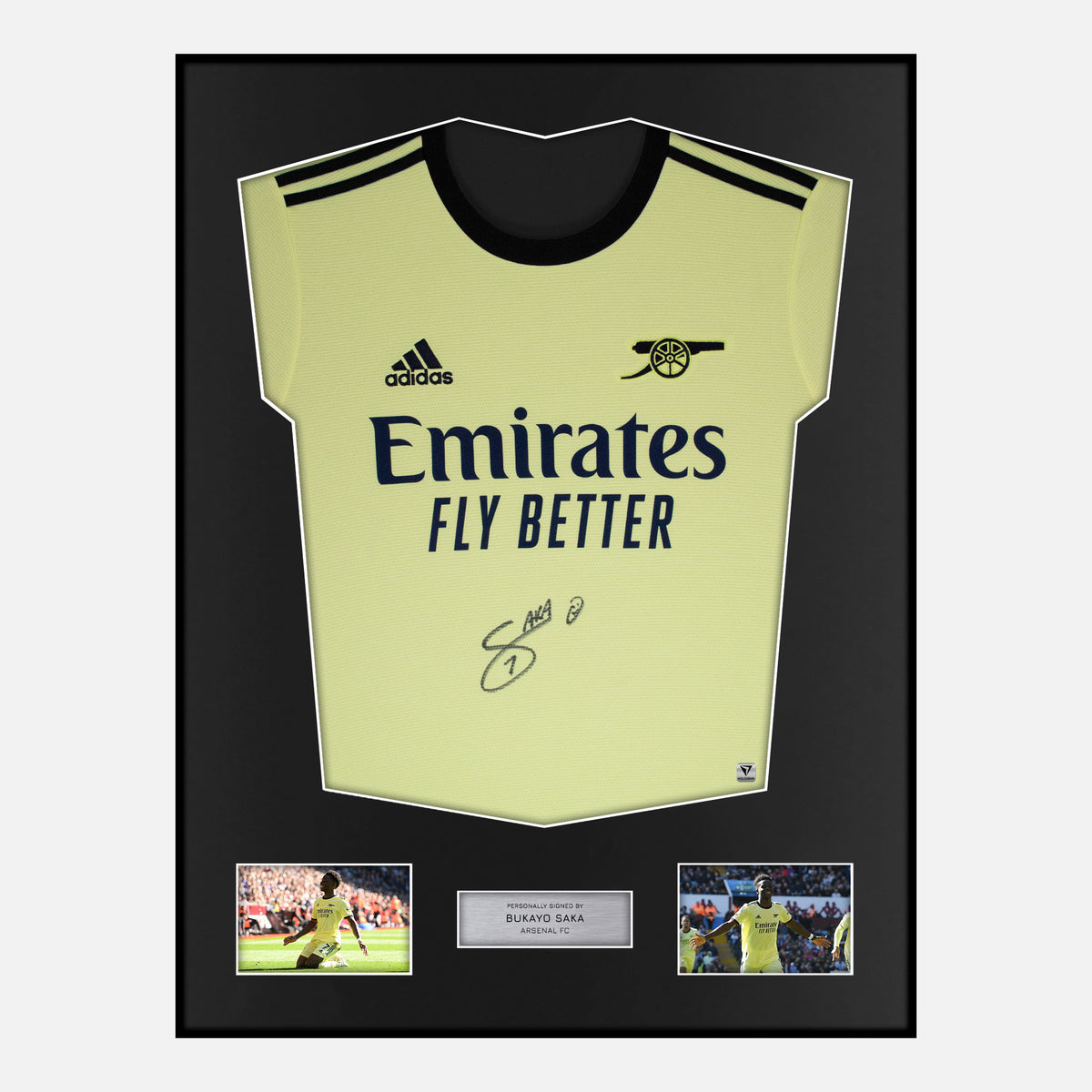 Framed Bukayo Saka Signed Arsenal Shirt 2021-22 Away [Classic] — Verified autograph with NFC and certificate | The Vault