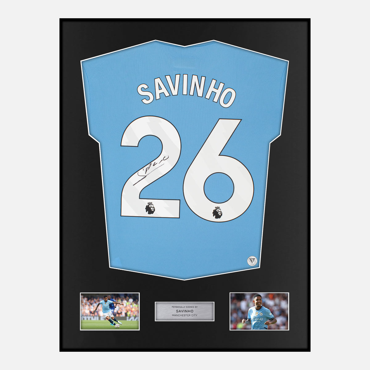 Framed Savinho Signed Manchester City Shirt 2024-25 Home [Classic] — Verified autograph with NFC and certificate | The Vault
