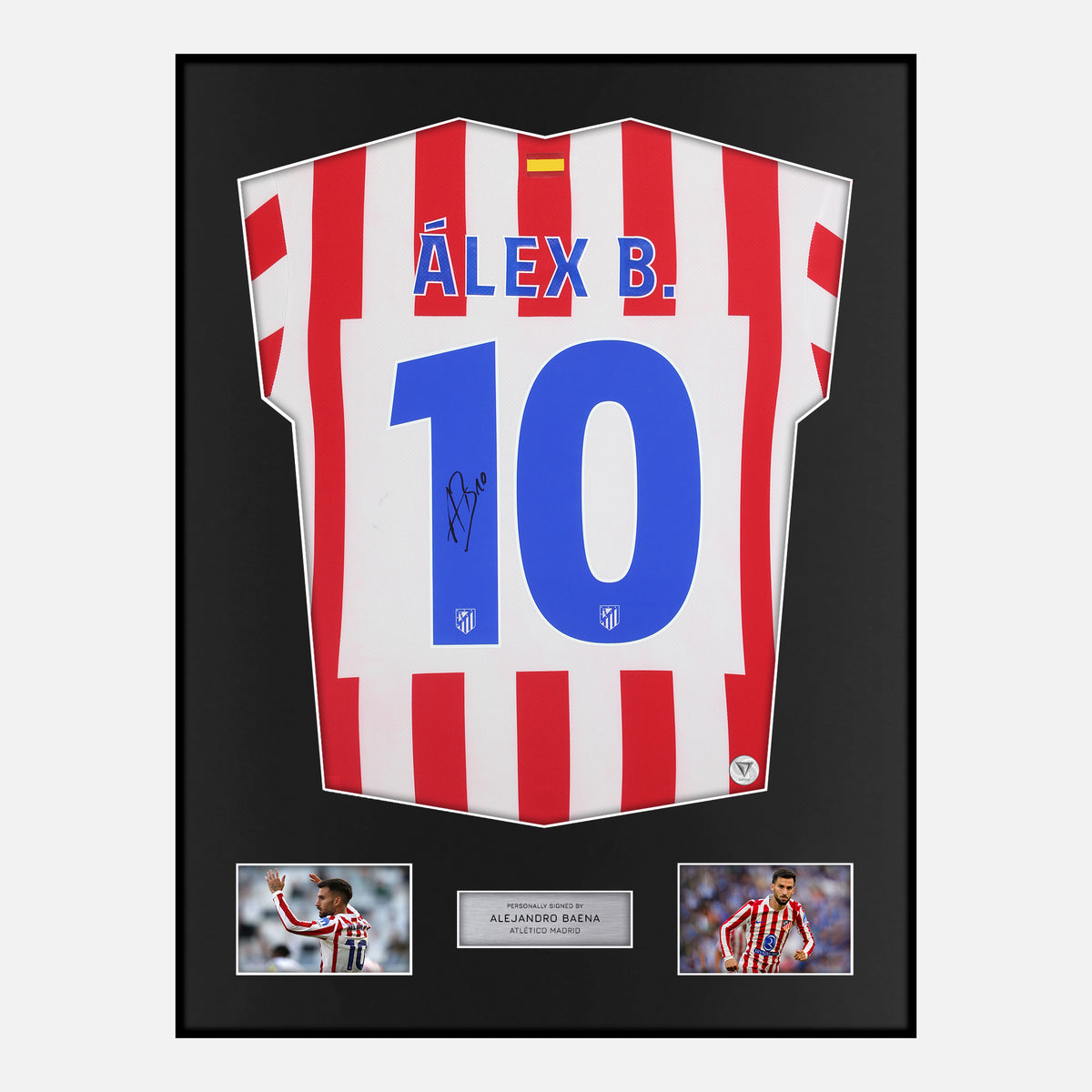 Framed Alejandro Baena Signed Atletico Madrid Shirt 2025-26 Home [Classic] — Classic framed Atletico Madrid shirt signed by Alejandro Baena | The Vault