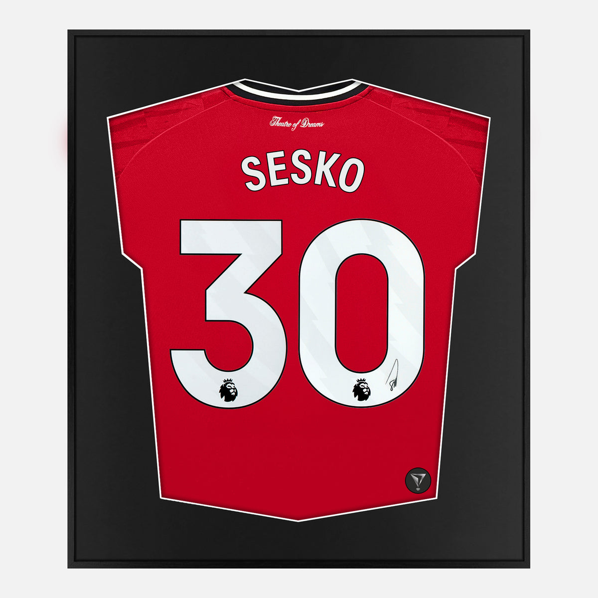 Framed Šeško Signed Shirt, Manchester United Home [Lite] — Lite framed Manchester United shirt signed by Benjamin Sesko | The Vault