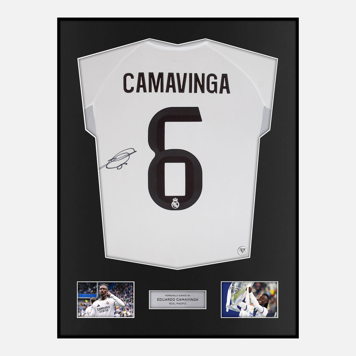 Framed Eduardo Camavinga Signed Real Madrid Shirt 2025-26 Home [Classic] — Verified autograph with NFC and certificate | The Vault