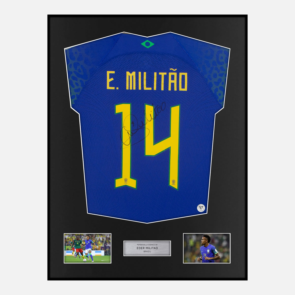 Framed Eder Militao Signed Brazil Shirt 2022-23 Away [Classic] — Verified autograph with NFC and certificate | The Vault