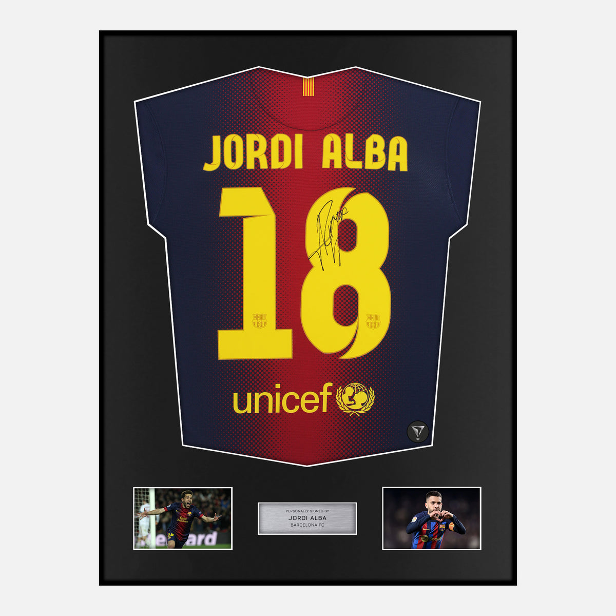 Framed Jordi Alba Signed Barcelona Shirt 2012-13 Home [Classic] — Classic framed Barcelona shirt signed by Jordi Alba | The Vault