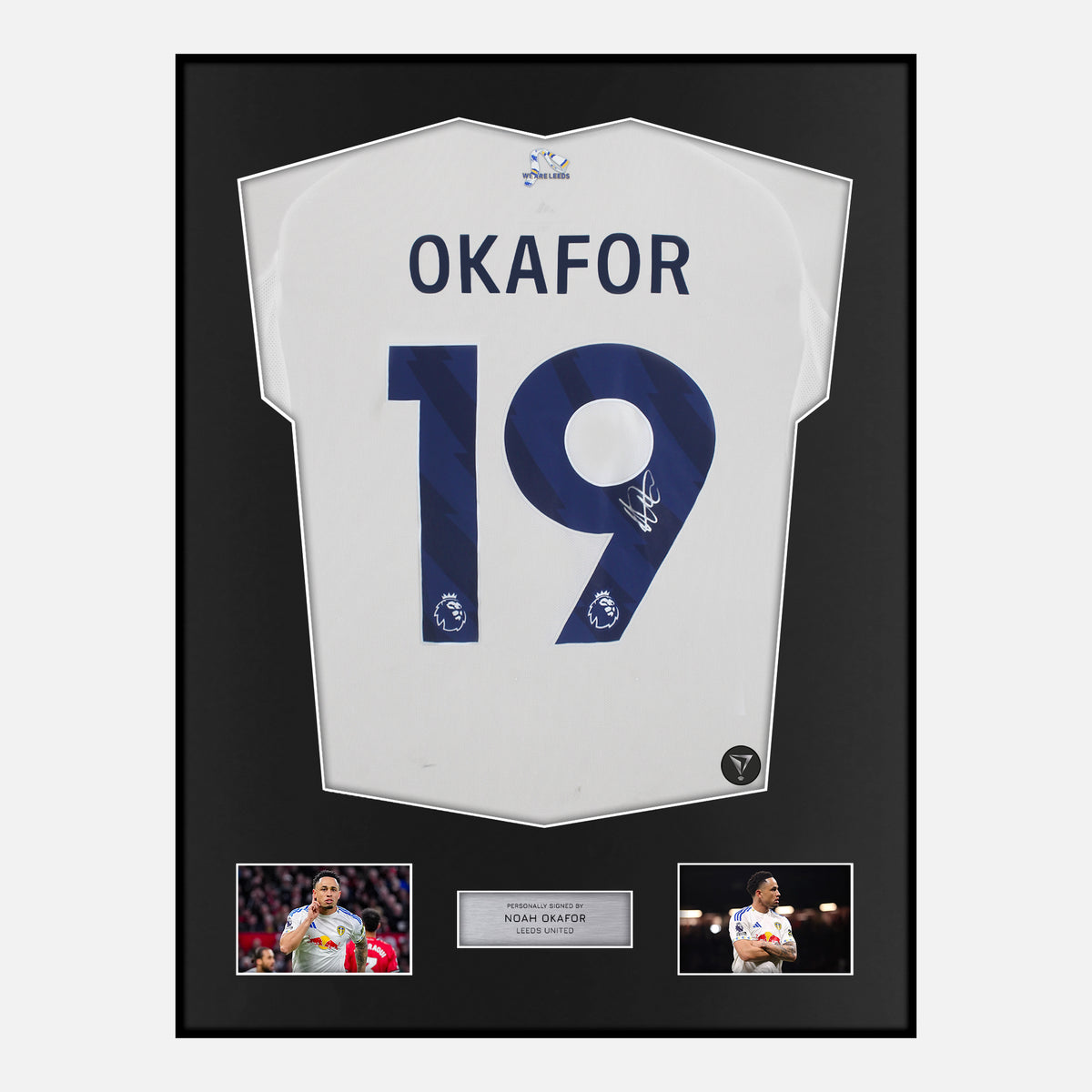 Framed Noah Okafor Signed Leeds United Shirt 2025-26 Home [Classic] — Classic framed Leeds United shirt signed by Noah Okafor | The Vault