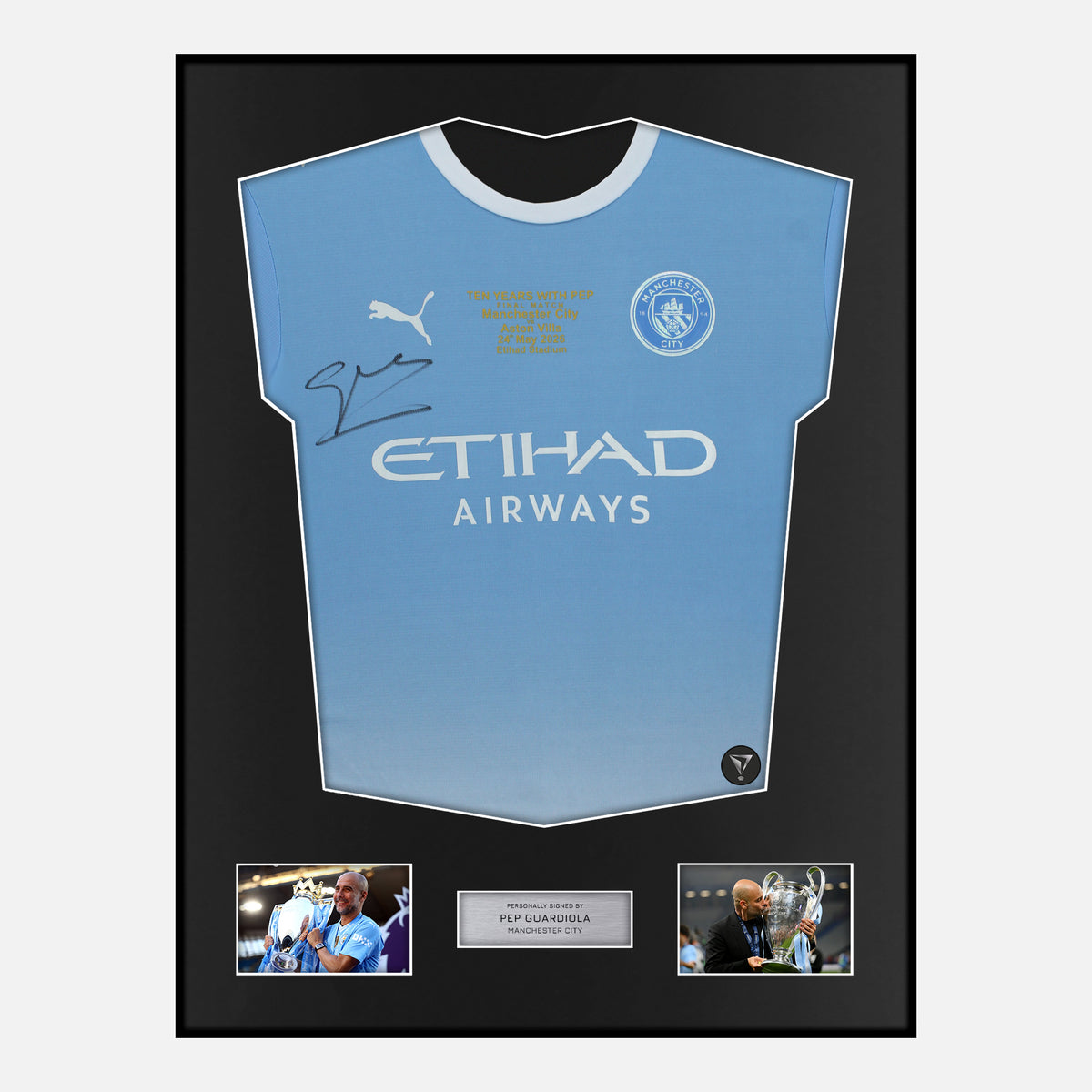 Framed Pep Guardiola Signed Manchester City Shirt 2026 Final Game [Classic] — Classic framed Manchester City shirt signed by Pep Guardiola | The Vault