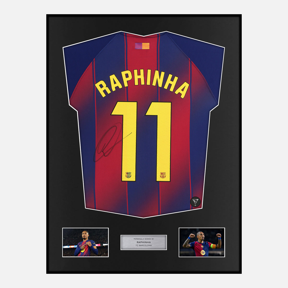 Framed Raphinha Signed Barcelona Shirt 2025-26 Home [Classic] — Classic framed Barcelona shirt signed by Raphinha | The Vault