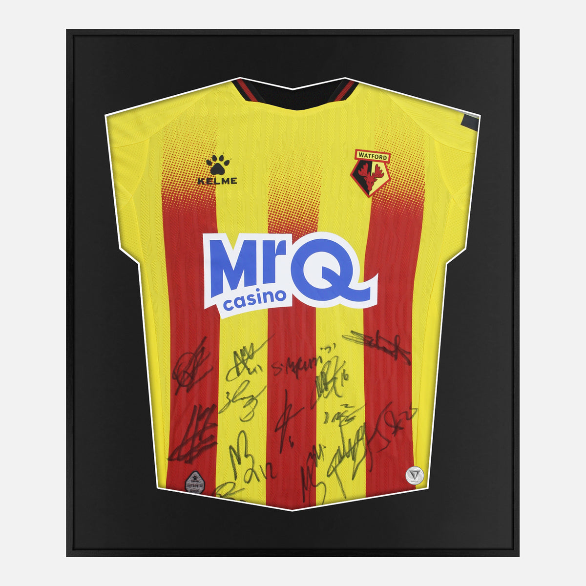 Framed Watford Signed Shirt, Squad Autographs Official Kit [Lite] — Lite framed signed Watford shirt | The Vault