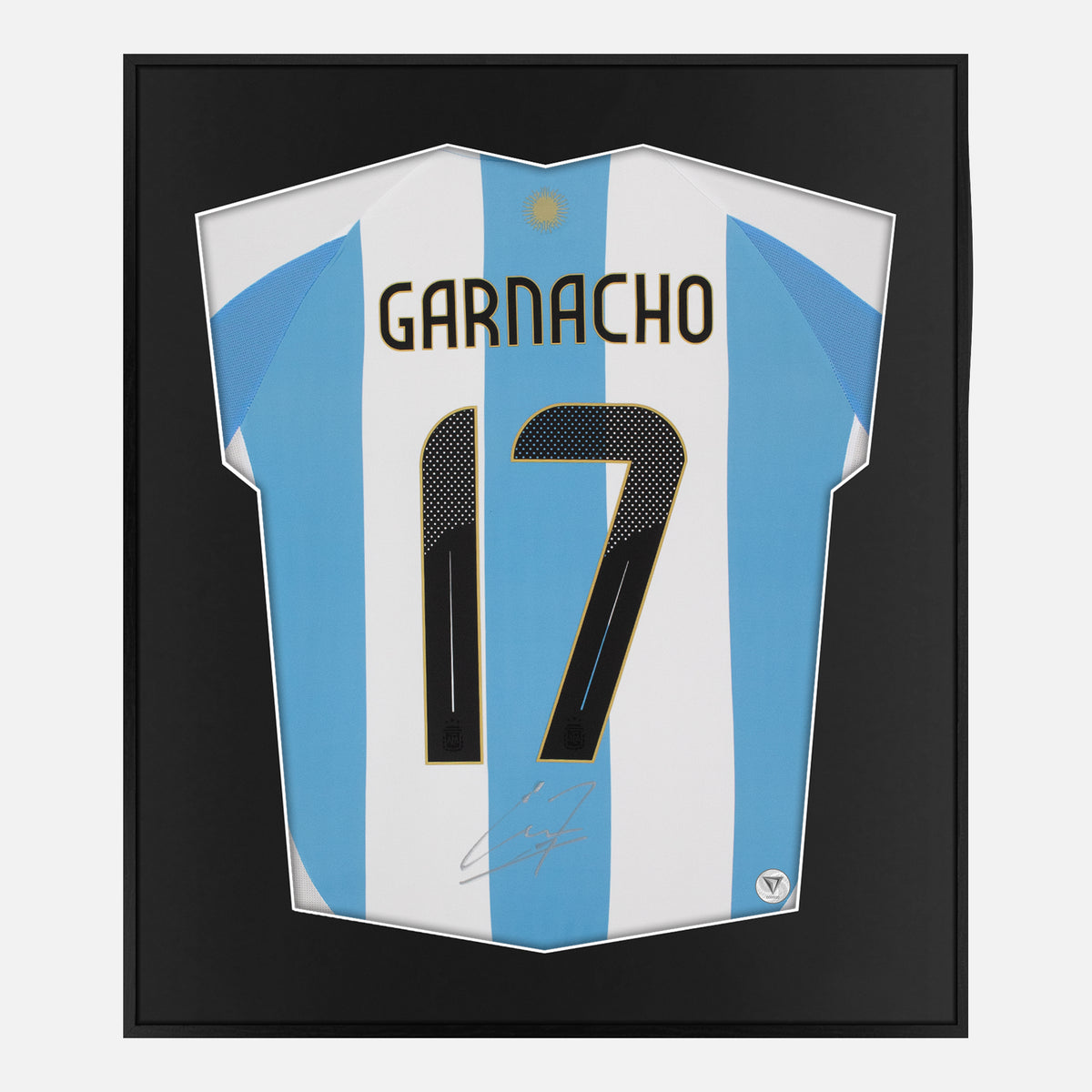 Framed Garnacho Signed Argentina Shirt, Copa America Winners [Lite] — Authentic signature with NFC and COA | The Vault