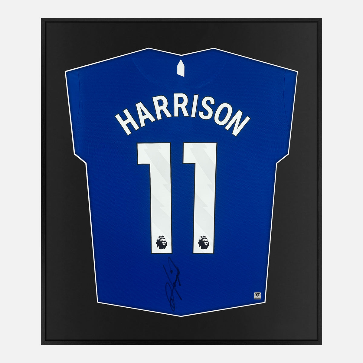 Framed Harrison Signed Everton Shirt, Blue Home [Lite] — Authentic signature with NFC and COA | The Vault